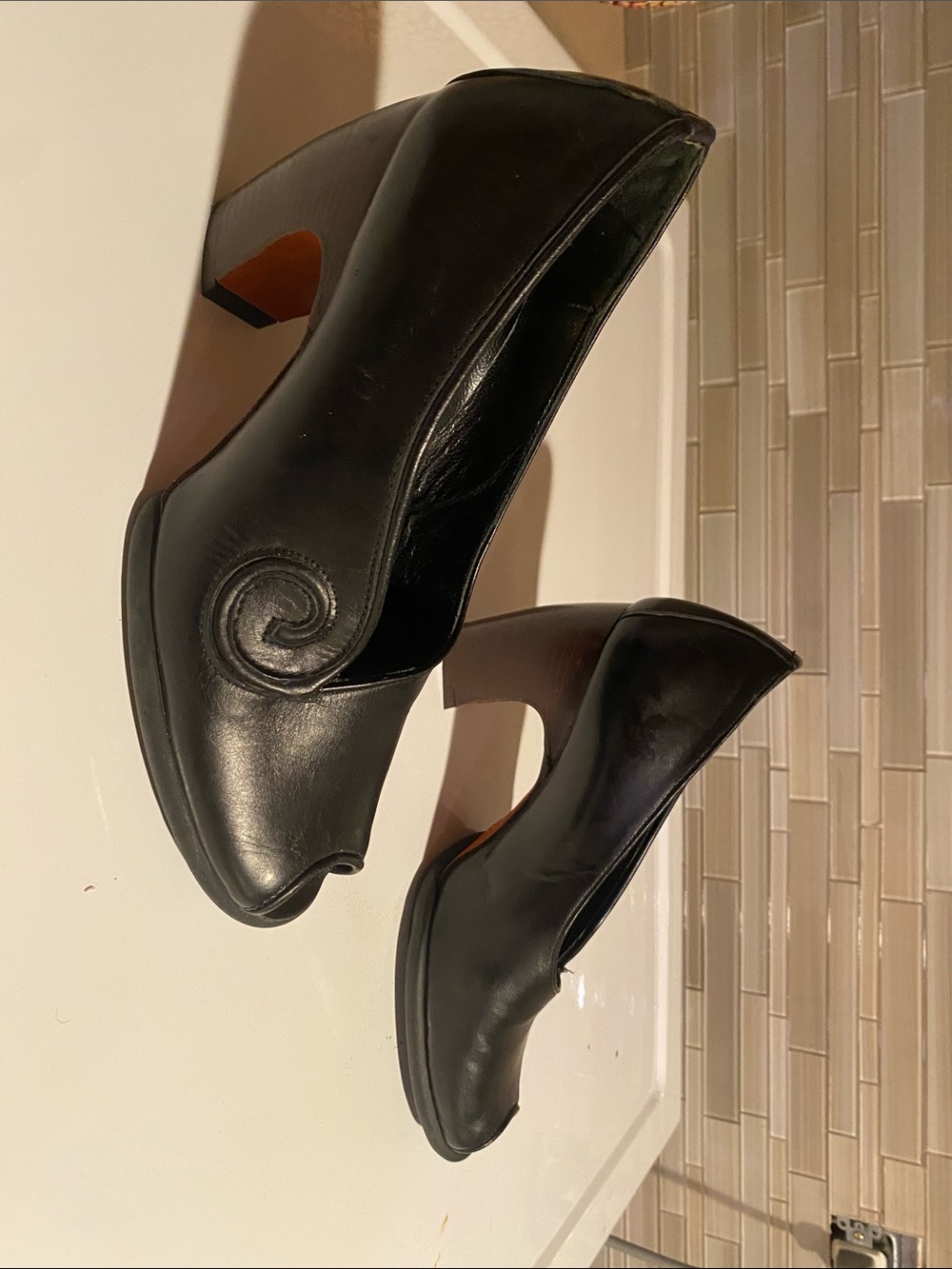 John Fluevog Black Leather Swirl Block Heel Pumps